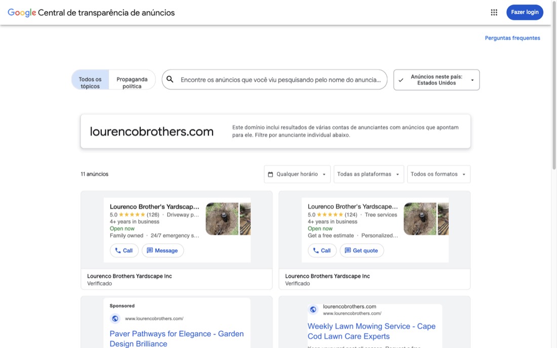 Central de Transparencia do Google mostrando 11 anuncios ativos de um concorrente