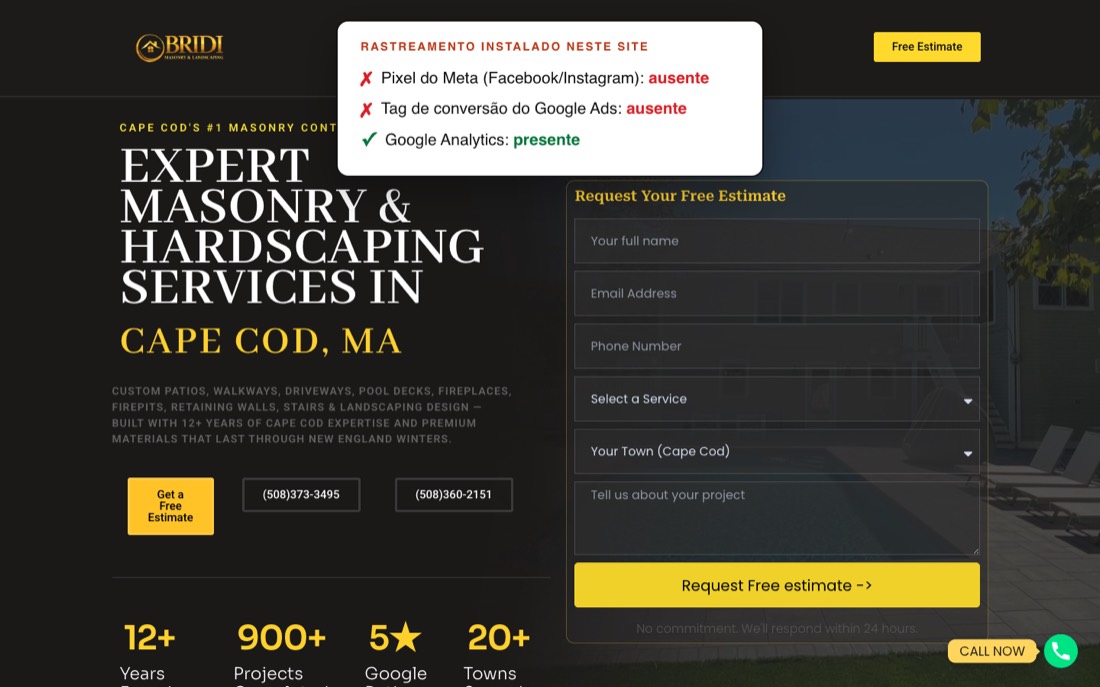 Verificacao ao vivo do rastreamento instalado no site da Bridi Masonry